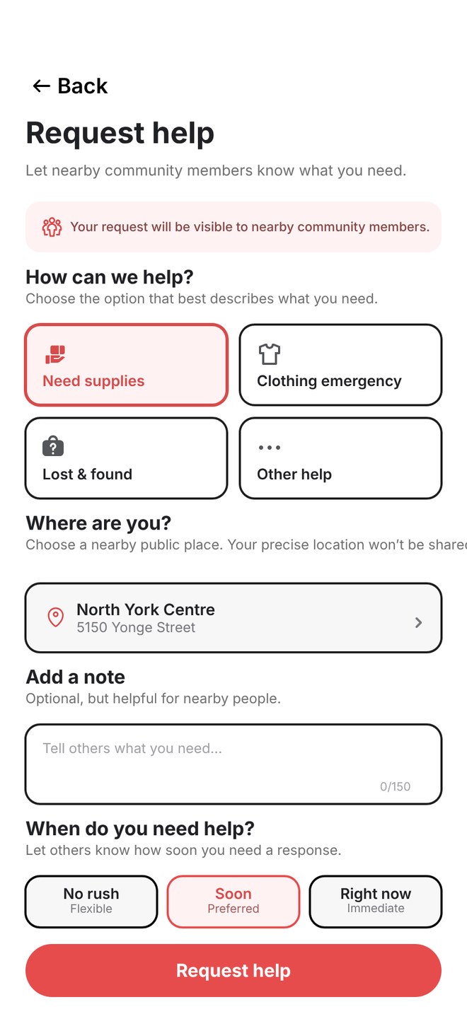Request help screen with options for supplies, clothing emergency and lost and found
