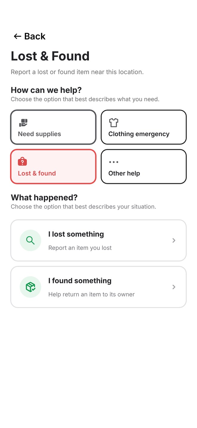 Lost and found screen with I lost something and I found something options